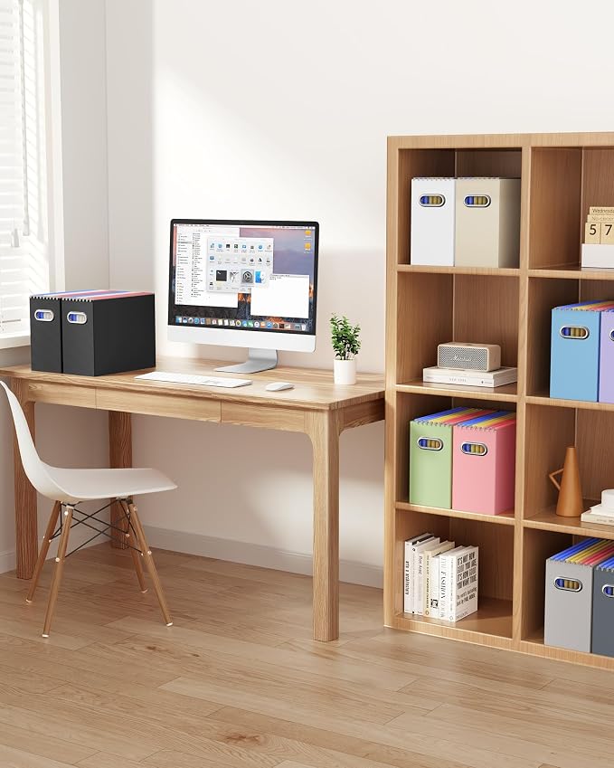 Portable Collapsible Cardboard File Box with Handle for Letter-Size | 8-Pack. Stainless Steel Handle. Label Stickers Included. Fits Letter Folders (Not Included). Home, Office, School, Dorm, Tax.