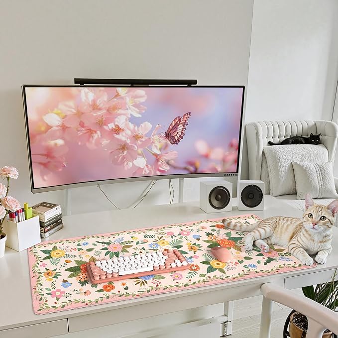 iCasso Floral Desk Mat for Keyboard and Mouse, Pink Floral | Cute Gaming Mouse Pad,Anti-Slip Soft Lycra Surface Computer Mat Women,Girly Big Mousepad for Home Office
