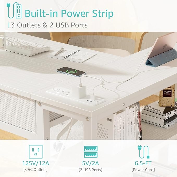 DLisiting Small White L Shaped Desk with Drawers & Storage Shelves, 40 Inch Corner Desk with Power Outlet for Small Space Home Office, Study Work PC Desks for Bedroom