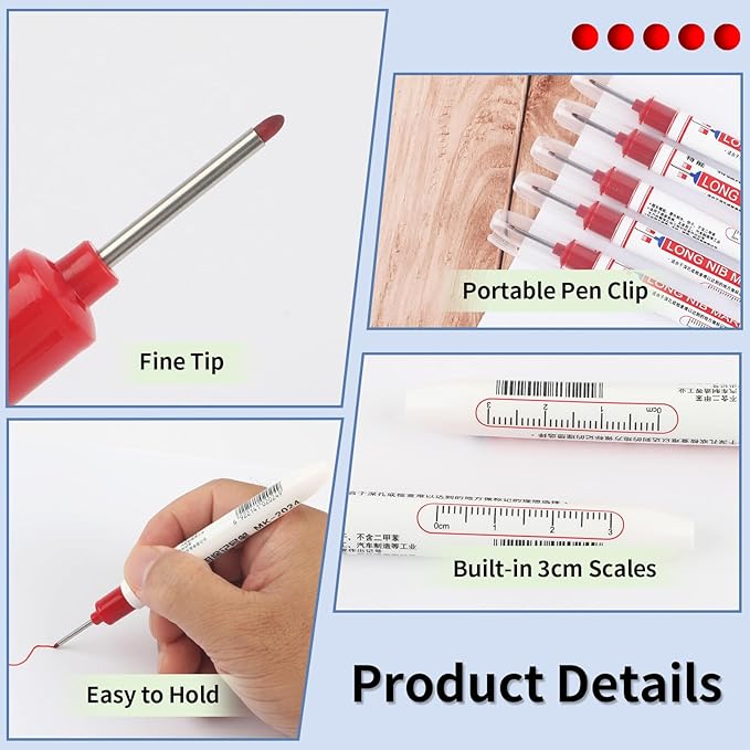 15 Pcs Long Nib Marker, 20 mm Long Head Deep Hole Marker Pens, Fine Nose Tip Deep Reach Permanent Paint Markers for Metal, Marking Pen for Drilling, Carpenter, Woodworking, Construction (Red)