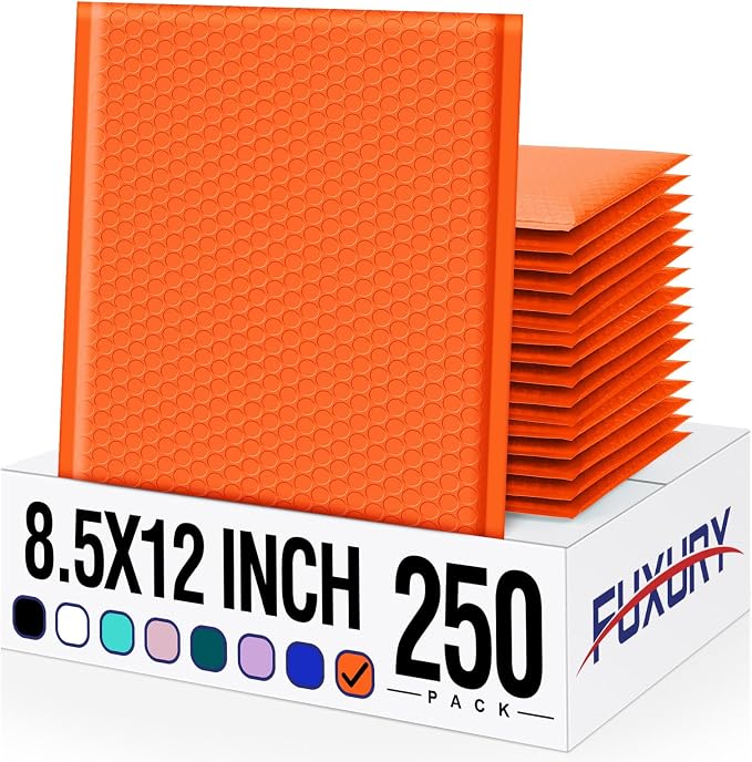 Fuxury Bubble Mailers 8.5x12" Orange Padded Envelopes 250 Pack Bulk | Usable Size 8.5x11" Bubble Envelopes Self Seal Padded Mailers for Mailing,Packaging, Small Business,Boutique,#2