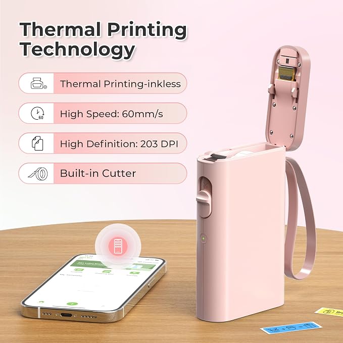 Nelko P21 Label Maker Machine with Tape, Bluetooth Label Printer, Pink | Creative App & Multiple Templates, Inkless Printing, Built-in Cutter, Ideal for School, Teacher Supplies, Office, and Home
