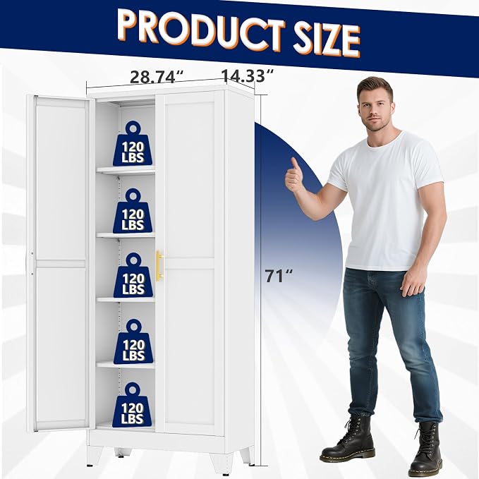 erosoei 71" H Metal Garage Storage Cabinet, Metal Pantry Cabinet with 2 Doors, Locker Steel Cabinet with 4 Adjustable Shelves, Freestanding Cupboard for Garage,Office,Home,Gym,School