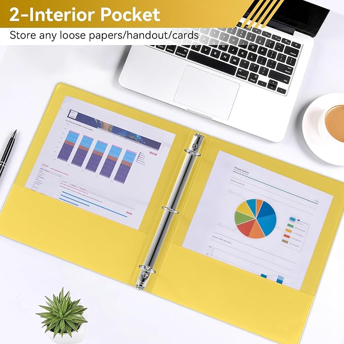 SUIN 1 Inch 3 Ring Binder, Clear 1'' View Presentation Binders with 2 Pockets, Fits 8.5 x 11 Letter Size, Durable Polypropylene, Non-Stick & PVC-Free for School, Office & Home (Yellow)