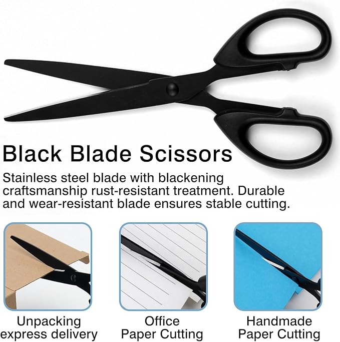Black All-Purpose Office Scissors – Sharp Stainless Steel Blade Shears with Straight ABS Handle for Home, School & Craft Use
