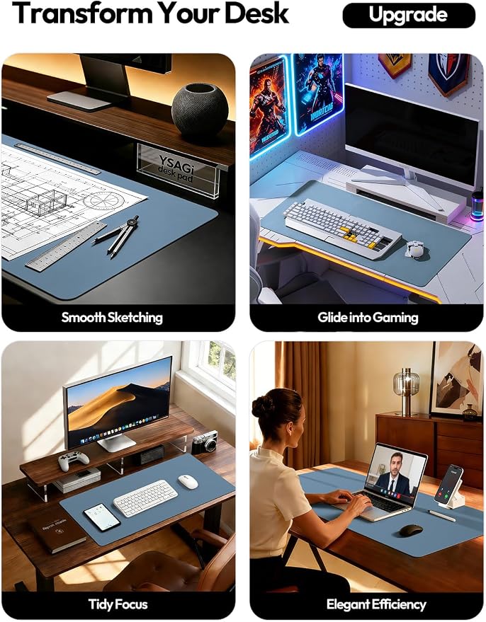 YSAGi Desk Protector&Blotter, Non-Slip Waterproof Leather Mouse Pad | Shields Scratches, Stains, Spills, Heat & Scuffs; Suede Non-Slip; Easy-Clean; Comfy Writing/Typing, 31.5" x 15.8", Blue