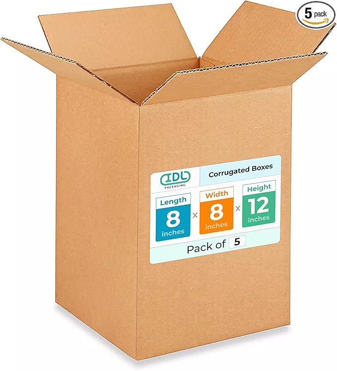 Small Moving & Shipping Boxes 8 x 8 x 12 inches (5-Pack) - Extra Strength 200 lb vs Regular - USA-Made Corrugated Packing Boxes for USPS/FEDEX - Cardboard Shipping Box - Package Box by IDL Packaging