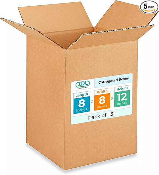 Small Moving & Shipping Boxes 8 x 8 x 12 inches (5-Pack) - Extra Strength 200 lb vs Regular - USA-Made Corrugated Packing Boxes for USPS/FEDEX - Cardboard Shipping Box - Package Box by IDL Packaging