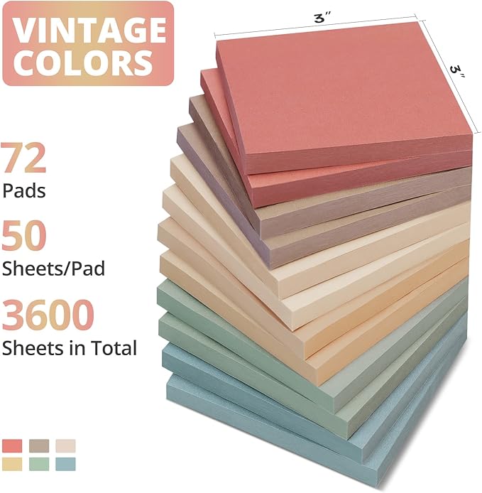 Sticky Notes, 72 Pads, 3x3 Inches Self-Stick Note Pads, Perfect for Office, Study, and Daily Life Organization - Vintage