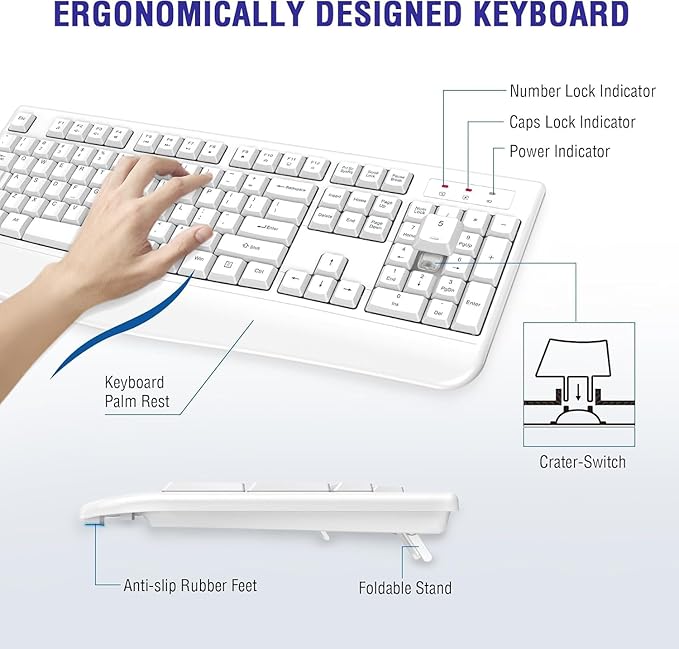 Wireless Keyboard, 2.4G Full-Sized Ergonomic Wireless Computer Keyboard with Wrist Rest for Windows, Mac OS Laptop/PC/Desktop/Notebook(Off White)