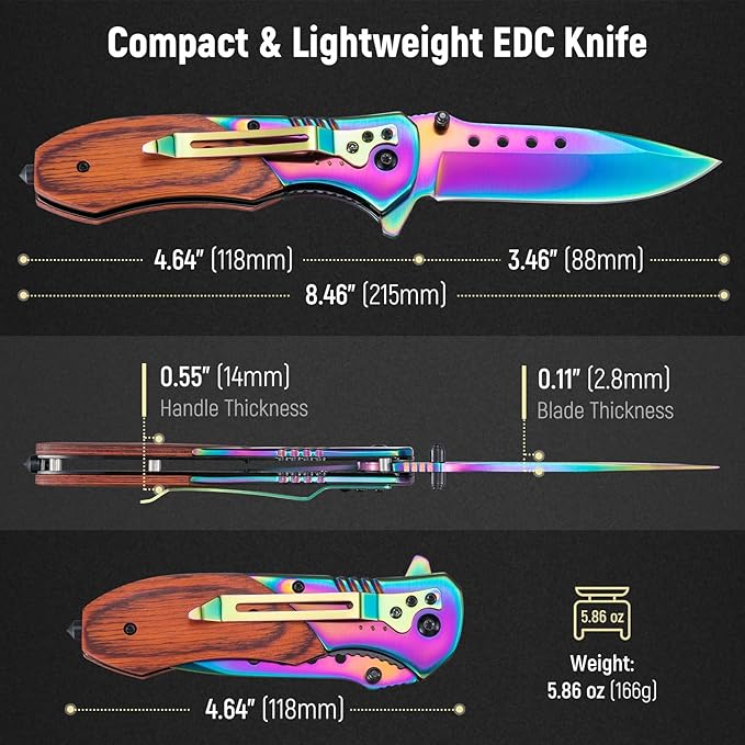 Pocket Knife for Men - Sharp Blade Wood Handle Pocket Folding Knives with Clip, Glass Breaker - EDC Knives for Survival Camping Fishing Hiking Women, Large, Rainbow