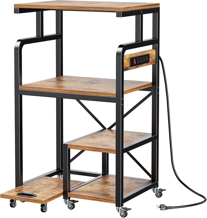 POKIPO 4 Tier Large Printer Stand Table with Power Outlet Adjustable Shelf | 26.7" x 21.2" x 50.2" Tall Cart,Fit 2/3 printers, Rolling with Wheels,Home Office Kitchen Stand,for 3D Printer Paper Shredder