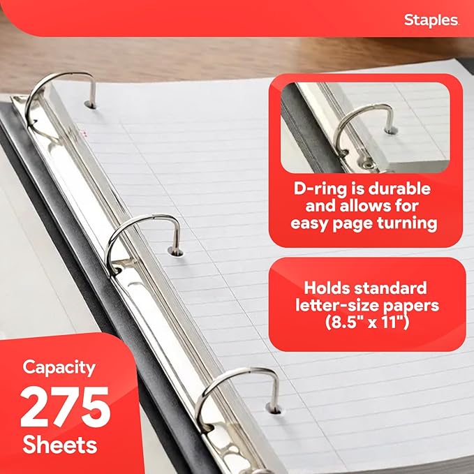 Staples Heavy-Duty 1-Inch D-Ring Binder, White – Large View 3-Ring Binder, Holds Up to 275 Sheets for School & Office