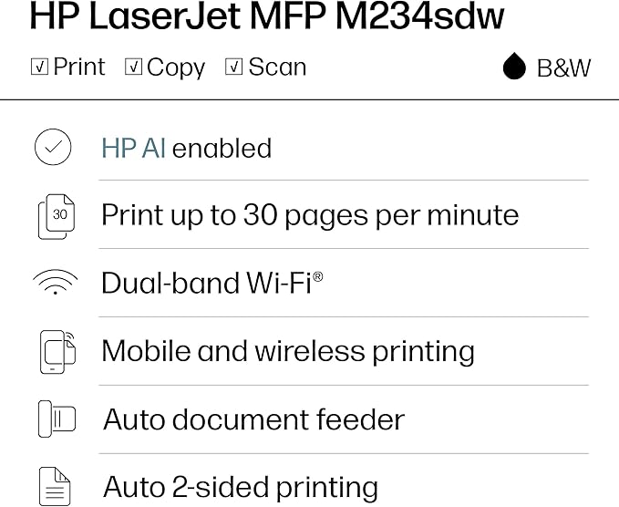 HP LaserJet MFP M234sdw Wireless Printer, Print, scan, Copy, Fast speeds, Easy Setup, Mobile Printing, Best-for-Small Teams