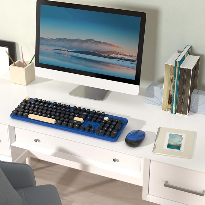 Retro Wireless Keyboard and Mouse Combo with Wrist Rest (Klein Blue) | COVEVA Aesthetic Typewriter Style, Full-Size Clicky Tactile Floating Round Keys, 2.4GHz Ergonomic Set for Mac, Windows