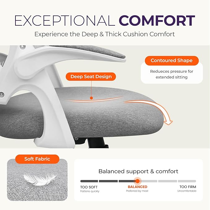NEO CHAIR Office Desk Chair, Ergonomic Mesh with Flip-Up Armrests, Grey | Lumbar Support, Height Adjustment, 360° Swivel and Rolling Base, Space-Saving Design for Home Office, Vanity or Study