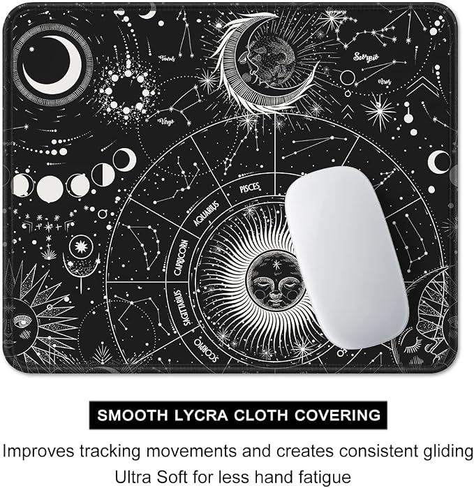 Auhoahsil Mouse Pad, 12 x 10 in Tarot Style Sun Moon Computer Mouse Pad for Desk, Premium-Textured Non-Slip Rubber Stitched Edges Waterproof Square Mouse Mat for Gaming Work Wireless Mice, Black