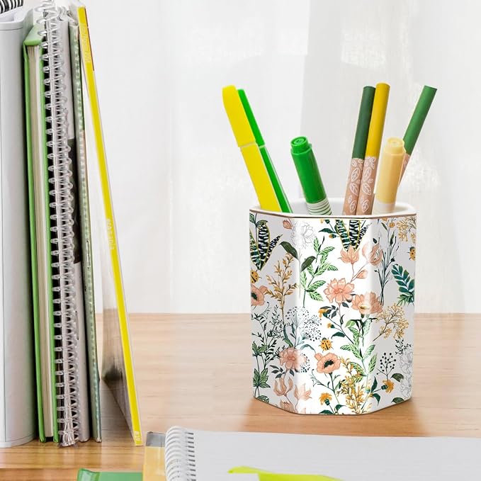 Cute Ceramic Pen Holder for Desk, Pencil Cup Pot, Makeup Brush Holders, Desk Accessories & Workspace Organizers for Home, Office, White Flower
