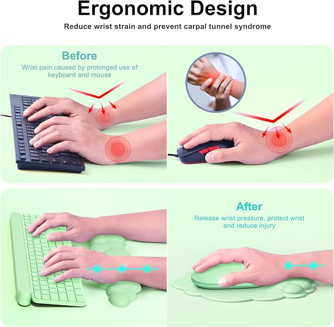 MOKURU Cloud Mouse Pad with Wrist Rest, Cloud Keyboard Wrist Rest, Mouse Pad Wrist Support, Ergonomic Keyboard Mouse Wrist Support (Green)