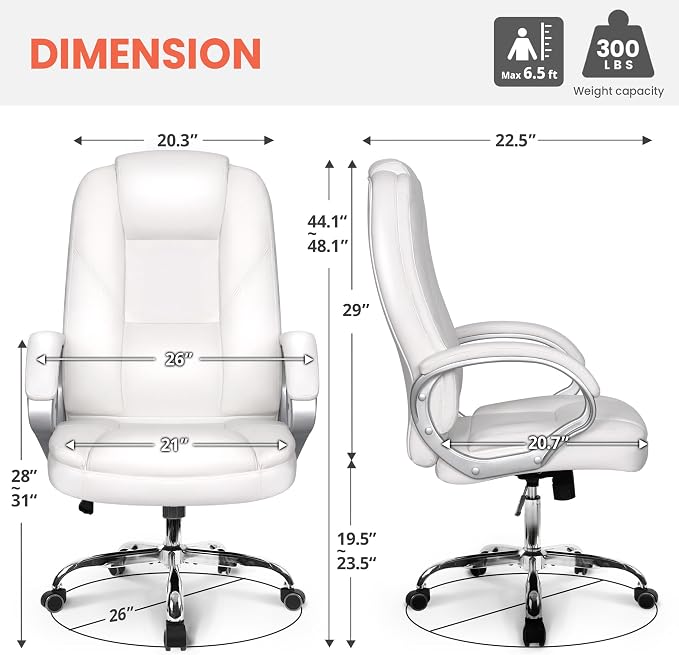 NEO CHAIR Office Desk Chair PU Leather Chair with Lumbar Support, All White | Ergonomic High Back Executive Computer Chair, Comfortable Padded Fixed Armrests Swivel Chair with Wheels for Office/Home