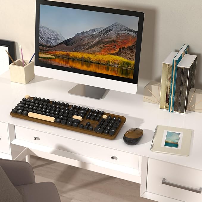 Retro Wireless Keyboard and Mouse Combo with Wrist Rest (Coffee) | COVEVA Aesthetic Typewriter Style, Full-Size Clicky Tactile Floating Round Keys, 2.4GHz Ergonomic Set for Mac, Windows