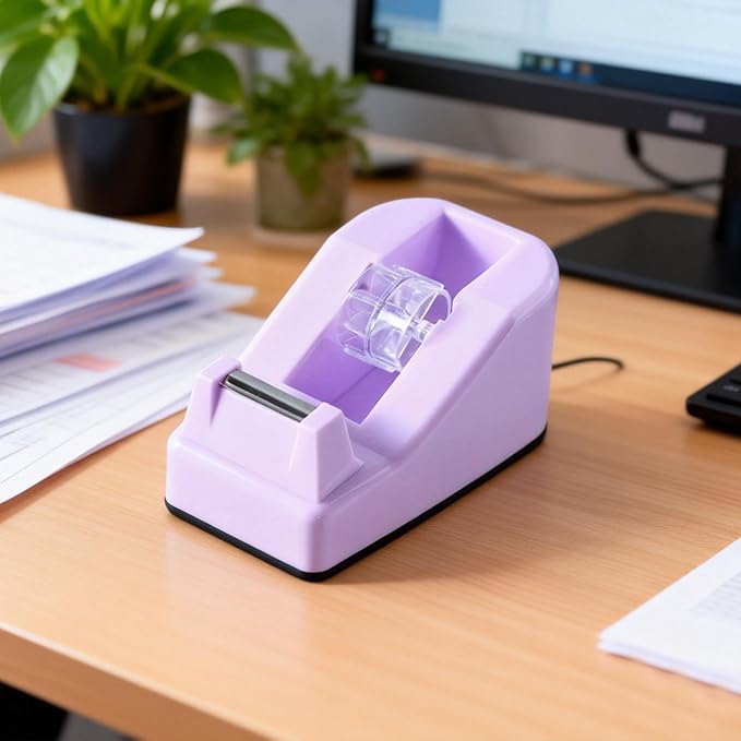 Desktop Tape Dispenser Kits with Weighted Nonskid Base Tape Dispenser- Includes 9 Rolls of Transparent Tape(0.71 Inch x 500 inches Each) & Pink Scissors, 2 Pcs Tweezers (Purple)