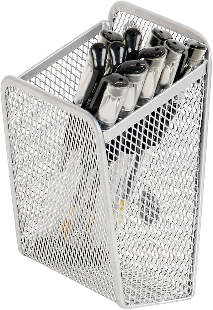LUCYCAZ Magnetic Pen Holder,Single Magnetic Pencil Locker Holder Organizer | Mesh Marker Holder Pen Basket for Whiteboard, Refrigerator and Locker (Silver)