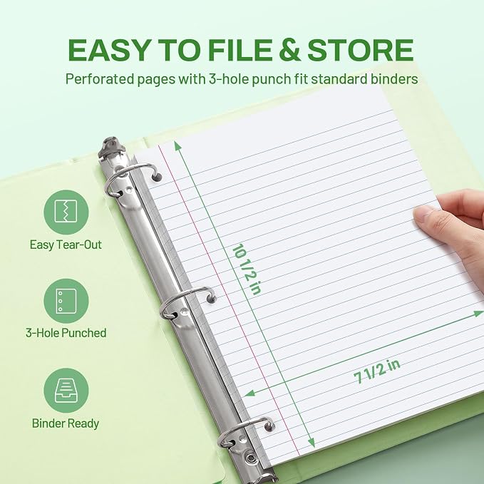 SUNEE Spiral Notebook, 1-Subject, Wide Ruled Paper, 8" x 10-1/2", 100 Sheets per Notebook, 3-Hole Punched Paper, Water Resistant Cover, Double-sided Pockets, Dark Green