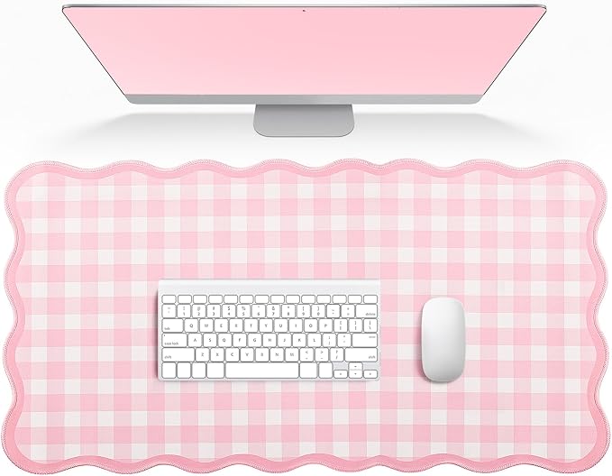 Scalloped Gingham Pink Desk Mat,Large Cute Desk Pad for Keyboard Mouse,Girly Mouse Pad for Desktop Office