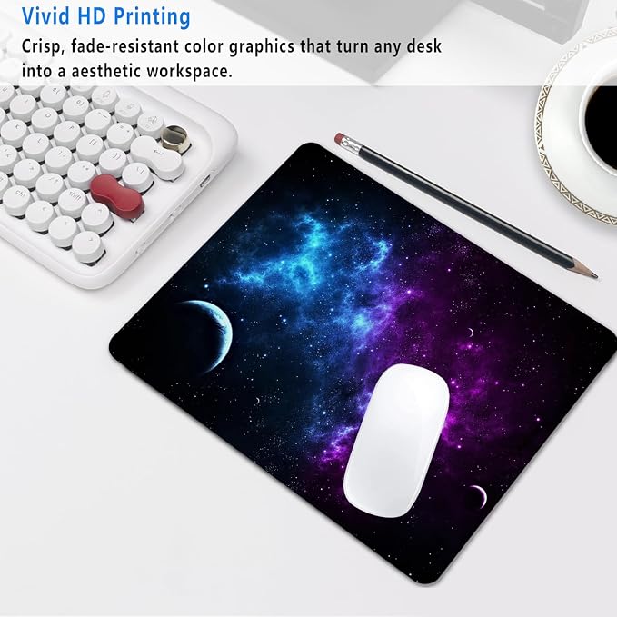 Purple Galaxy Mouse Pad, 9.5"x7.9" Non-Slip Computer Laptop Pad | Personalized mousepad with cosmic moon night print. Premium smooth fabric surface, 3mm cushion & rubber base.
