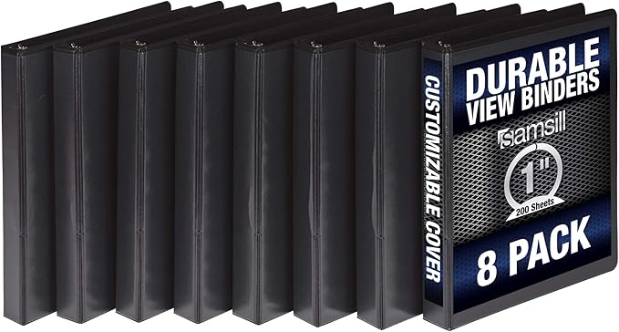 Samsill 8 Pack Durable 1 Inch 3 Ring Binders, Round Ring, Clear View Cover for Presentations, Black