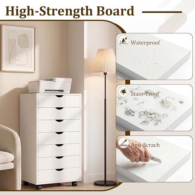 7 Drawer Mobile File Cabinet with Wheels, Office Storage Drawers, White | 7 Drawers Mobile File Cabinet with Wheels for Office Storage, Under Desk Organization and Printer Stand