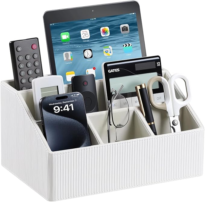 PU Leather Desk Organizer, Remote Control Holder, Ivory | Luxury Nightstand Organizer for Home, Office Desk Accessories, Bedside Table Caddy with 5 Compartments, Velvet Lining