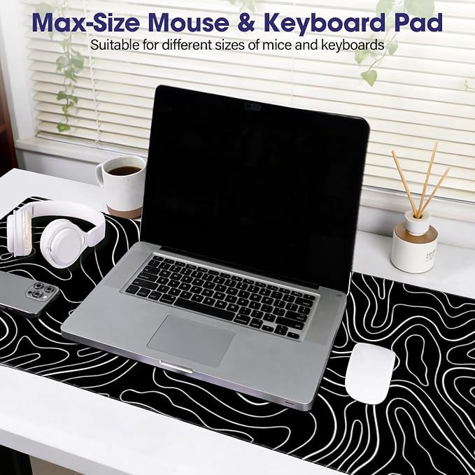 Large Extended Mouse Pad with Stitched Edges 35.4"x15.7" - Waterproof Desk Mat, Non-Slip Rubber Base for All-Desk Coverage, Perfect for Gaming Office Home, Black White
