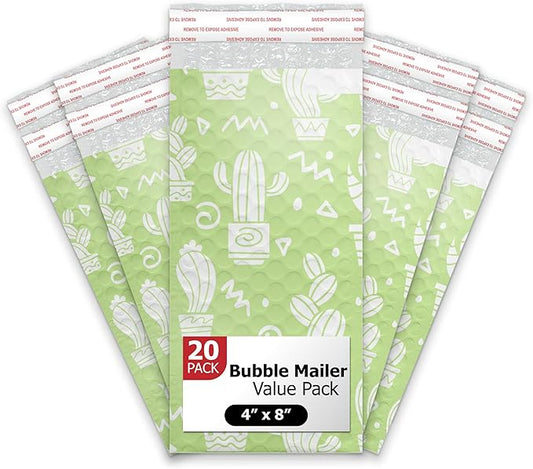 4x8 (20pcs) Green Cactus Designer Self Seal Poly Bubble Mailers Shipping Envelopes Padded Bags