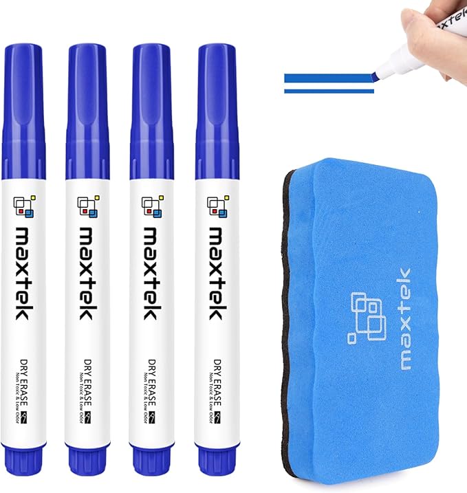 maxtek Low Odor Dry Erase Markers Blue Chisel Tip, Whiteboard Markers Set 4 Count with 1 Magnetic Eraser