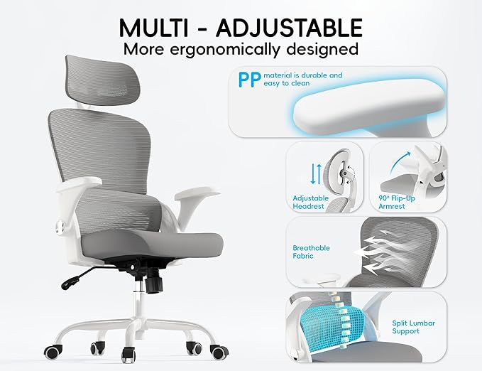 TRALT Office Chair - Ergonomic Desk Chair with Headrest Support for Adults | Home Office Desk Chair with Lumbar Support - Ergonomic Mesh Chairs 330 lb Wide Seat with Headrest, Comfy Desk Chair(Grey)