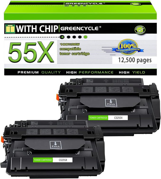 greencycle CE255X 55X High-Yield Compatible P3015dn M521dn Toner Cartridge Replacement for HP 55X CE255X 55A CE255A Work with Laserjet P3015 P3015x Pro 500 MFP M521dw M521 M525 Printer (Black, 2-Pack)