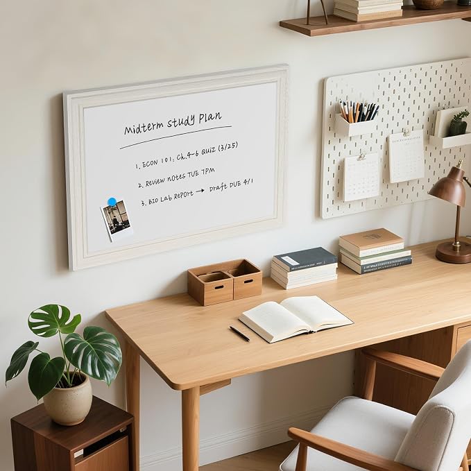 White Board for Wall, 24'' x 18'' Magnetic Dry Erase Board, Vintage White | Wooden Frame, Decorative Whiteboard, Wall Mounted, for Home, Office, Kitchen, Dorm, 4 Markers, 6 Magnets, A Eraser