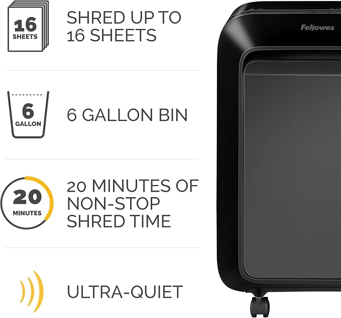 Fellowes LX180 16 Sheet P-4 Cross-Cut, Heavy Duty Paper Office Shredder, 100% Jam Proof