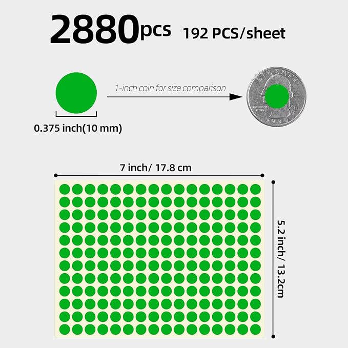 3/8" Small Colored Dot Stickers 2880 PCS Round Circle Stickers Tiny Green Coding Labels Mini Sticker for Office,Classroom (Green, 3/8" (10 mm))