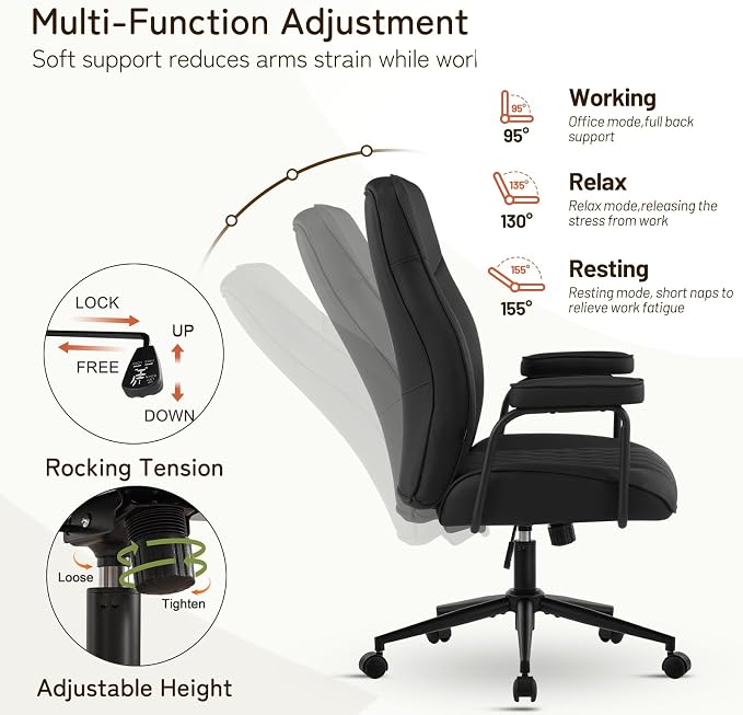 Leather Office Chair, Comfy Home Office Desk Chair, Mid Century Modern Office Chair with Lumbar Support, Mid-Back Adjustable Swivel Computer Chair with Wheels and Arms, Black
