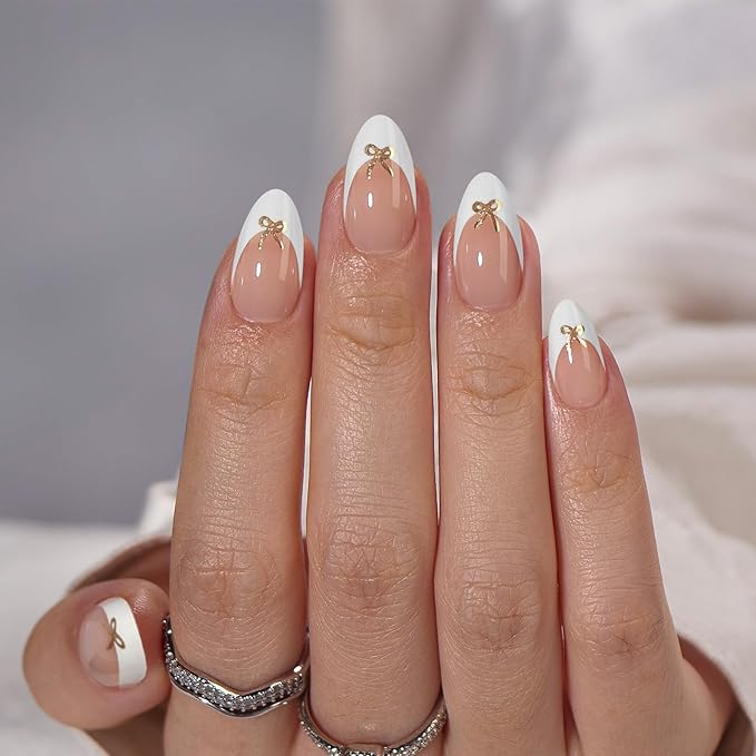 BTArtbox Press on Nails Short -White Designed French Tip Press On Nails Almond with Bow, Glue On Nails for Gifts, Natural Stick On Nails in 16 Sizes - 32 Fake Nails Kit, Dinner Star