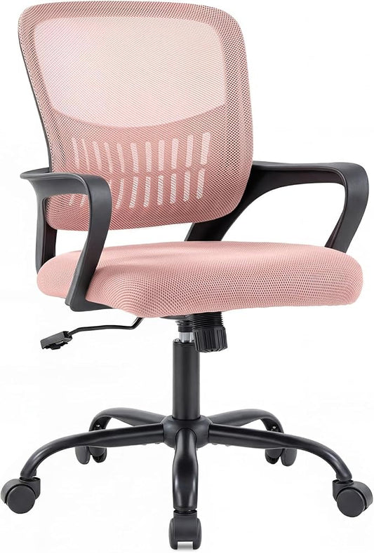 DUMOS Home Office Chair, Ergonomic Lumbar Support Desk Chair | Mid Back Mesh, Height Adjustable Fixed Armrest, Rocking Mode 360 Swivel, Conference Computer, Pink