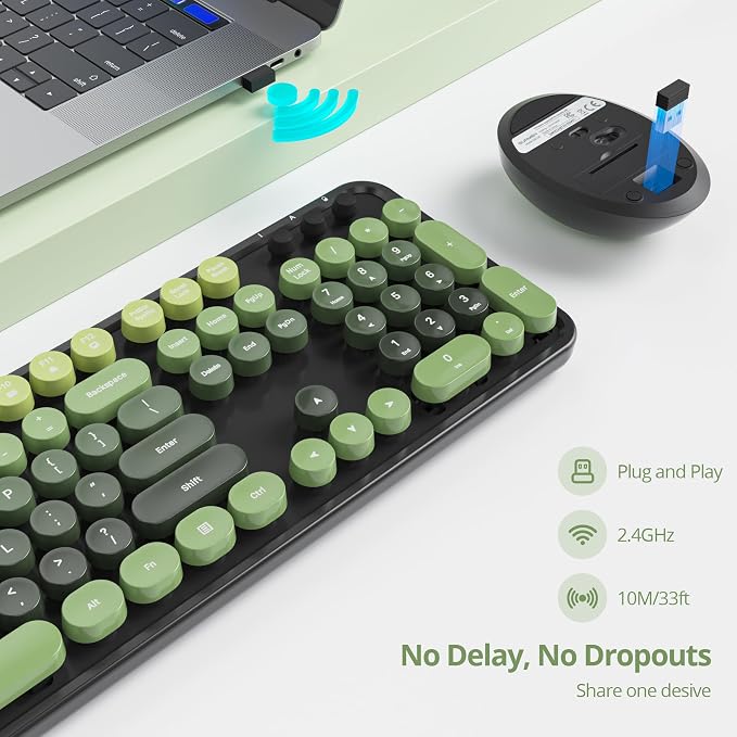 Wireless Keyboard and Mouse Set, Retro Typewriter Dark Green | 1600DPI Full Size With Number Pad & Mouse,Compatible With All Windows,Ideal For Computer, PC, Notebook, Laptop