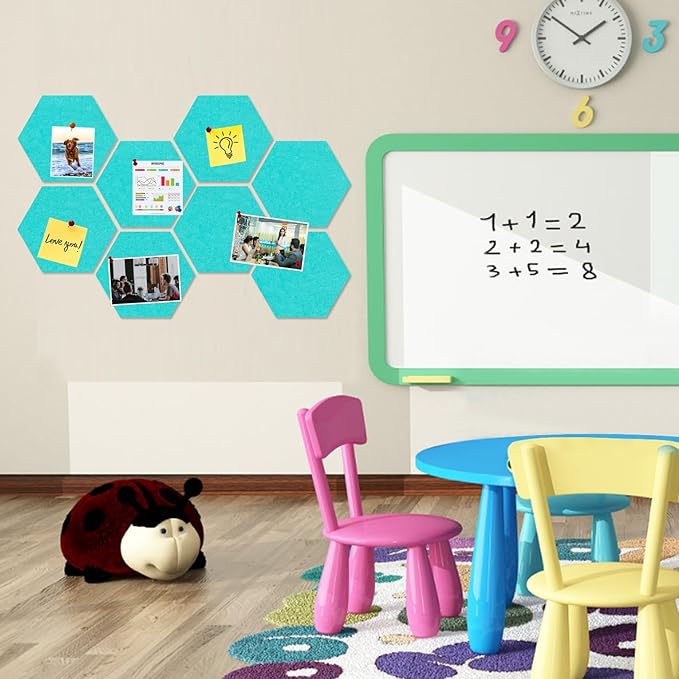 Large Hexagon Felt Cork Board Tiles, Self Adhesive DIY Felt Bulletin Board Pin Board with 35 Pushpins for Office School Home Wall Decor Stickers Memos Photos Display(Teal)
