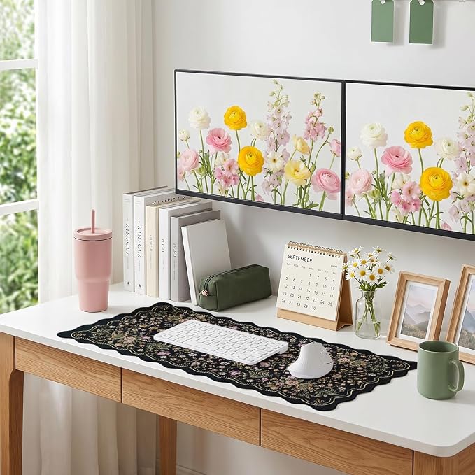 Vintage Floral Scalloped Mouse Pad Navy Blush Botanical Flowers Large Gaming with Stitched Edges,Non-Slip Waterproof Rubber Base Mous Mat Office Computer Keyboard Laptop Home 31.5"x15.7"