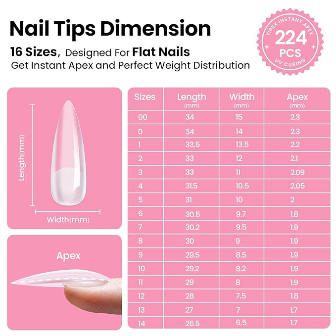 Beetles Tipex Instant Apex Nail Tips Kit with Dehydrator & Primer, Long Stiletto, 224PCS 16 Sizes, Reinforced Apex for Strong Long-Lasting Wear, 20g Solid Nail Glue, Mini UV Lamp, Base & Top Coat