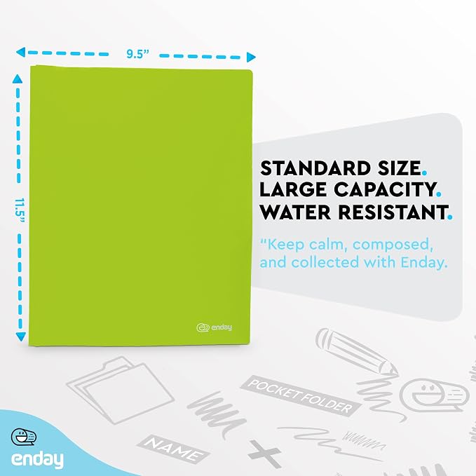 Plastic Folders with Pockets and Prongs Green - Two Pocket Folder with Brads - 3 Prong Folders with Pockets for Letter Size Sheets, Also Available in Blue, Purple, Red, Pink, and Grey, 1 Pc –by Enday