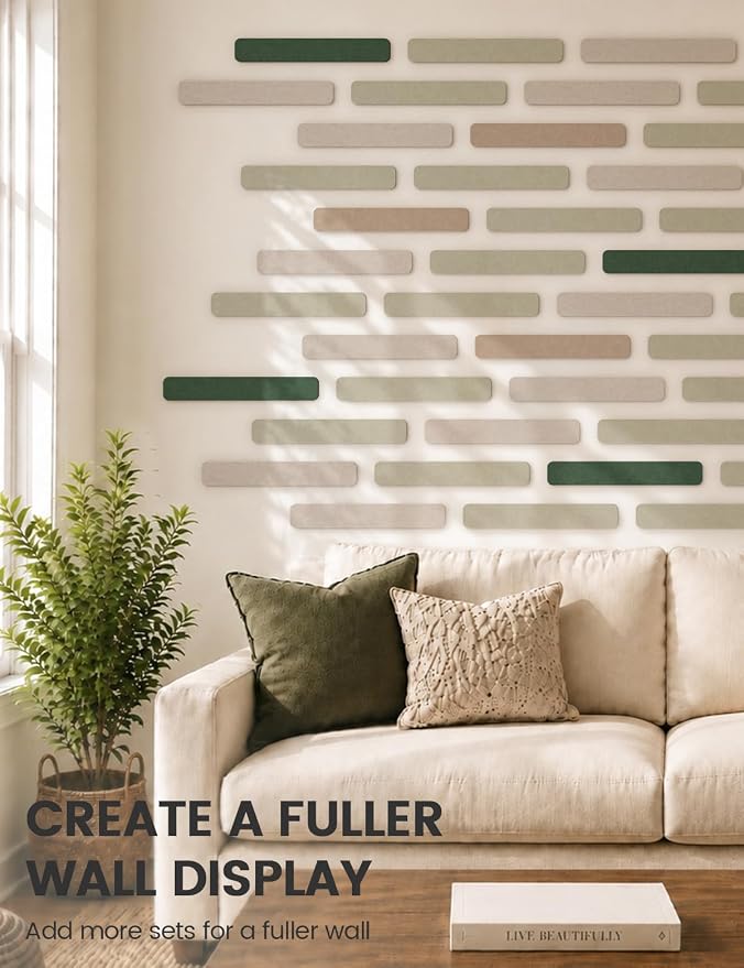 Fluxynara 13" x 2" Felt Wall Panels, Nordic Moss | 8-Pack Includes 50 Push Pins and Adhesive Tabs for Photos, Notes and Decor in Bedroom Doors, Home Office or Studios